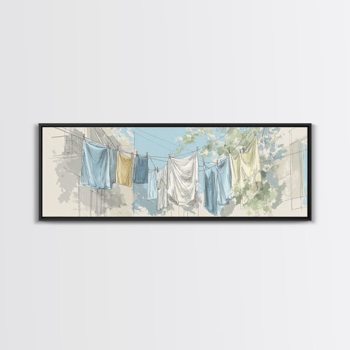 Simple Line Drawing of Hanging Laundry Framed Canvas Print, Laundry Room Art, Digital Art Print, Living Room Decor, LRA-3x1-32