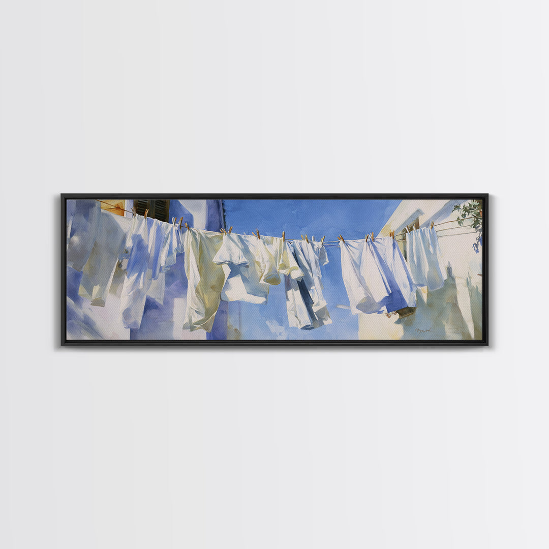Clothesline with White Linens Blowing in Sunshine Canvas Print, Laundry Room Art, Downloadable Art, Living Room Decor, Clean, LRA-3x1-41