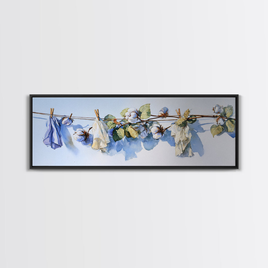 Fresh Cotton Branch Botanical Study Framed Canvas Print, Laundry Room Art, Digital Art, Living Room Decor, Fine Art, Clean, LRA-3x1-47