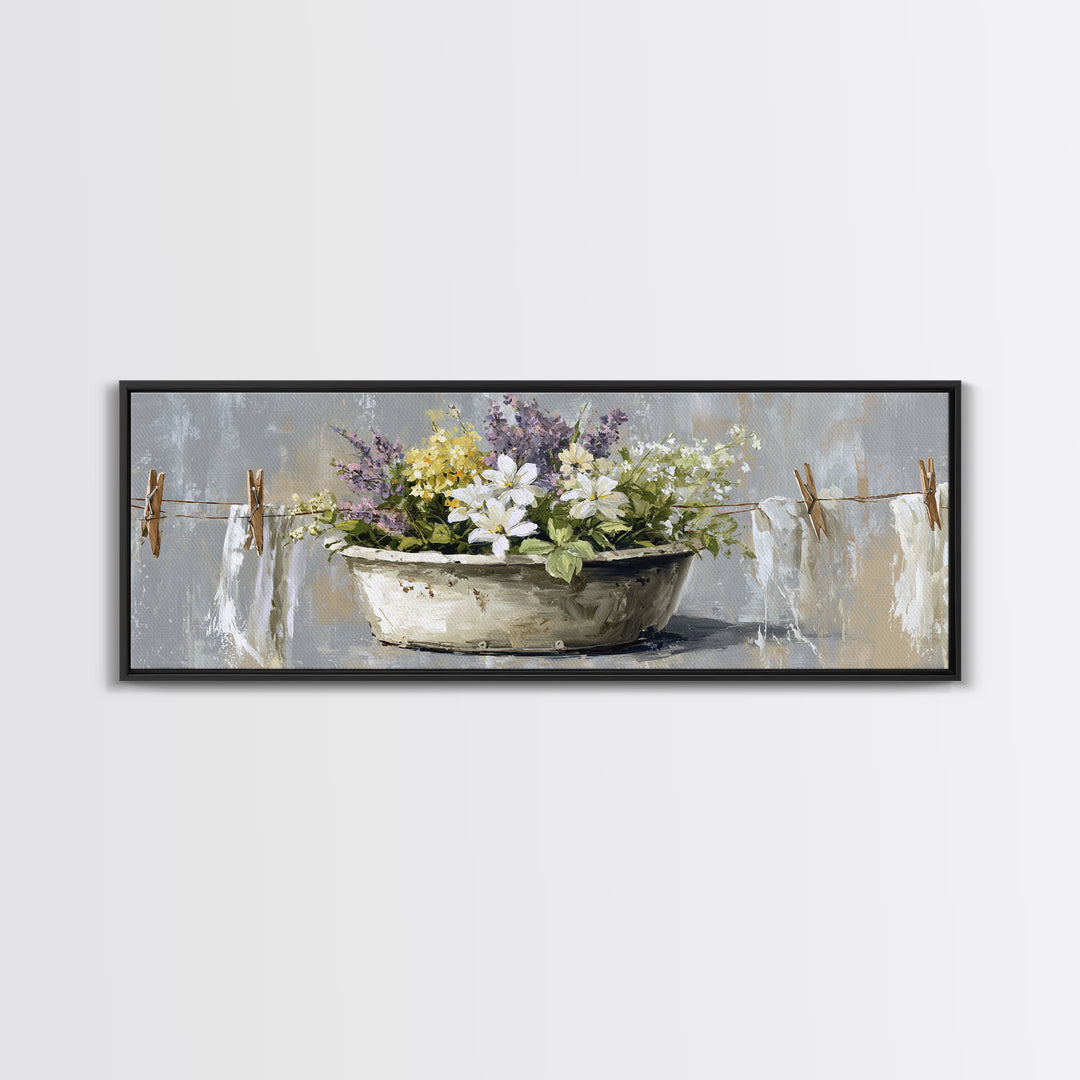 Old Enamel Basin Filled Canvas Print, Laundry Room Art, Art Print, Living Room Decor, Fine Art, Clean, Artwork, Digital Print, LRA-3x1-48