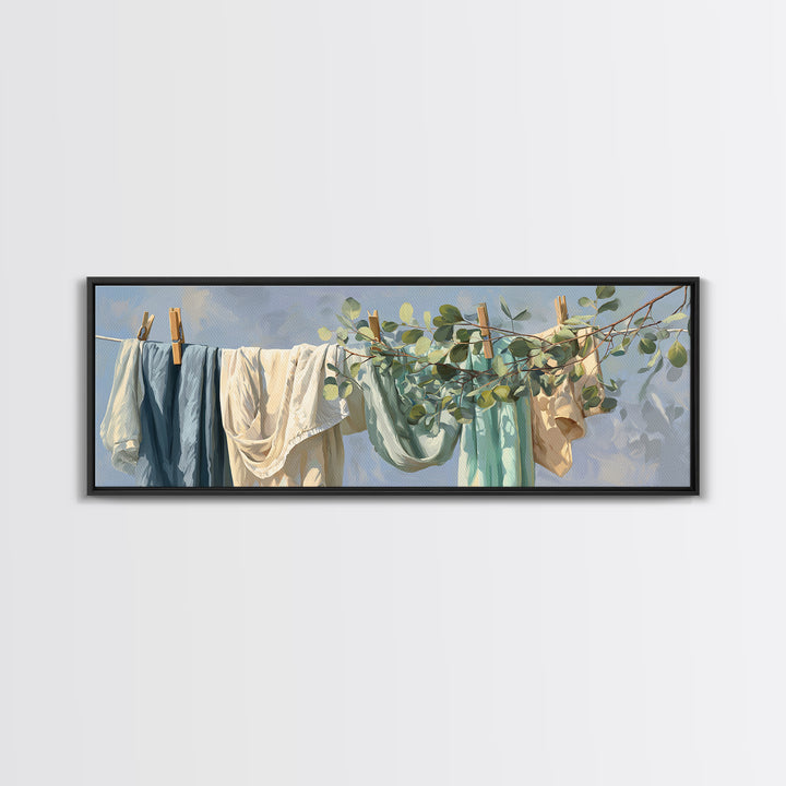 Sunlit White Towels and Eucalyptus Branch Canvas Print, Laundry Room Art, Printable Wall Art, Living Room Decor, Clean, LRA-3x1-51