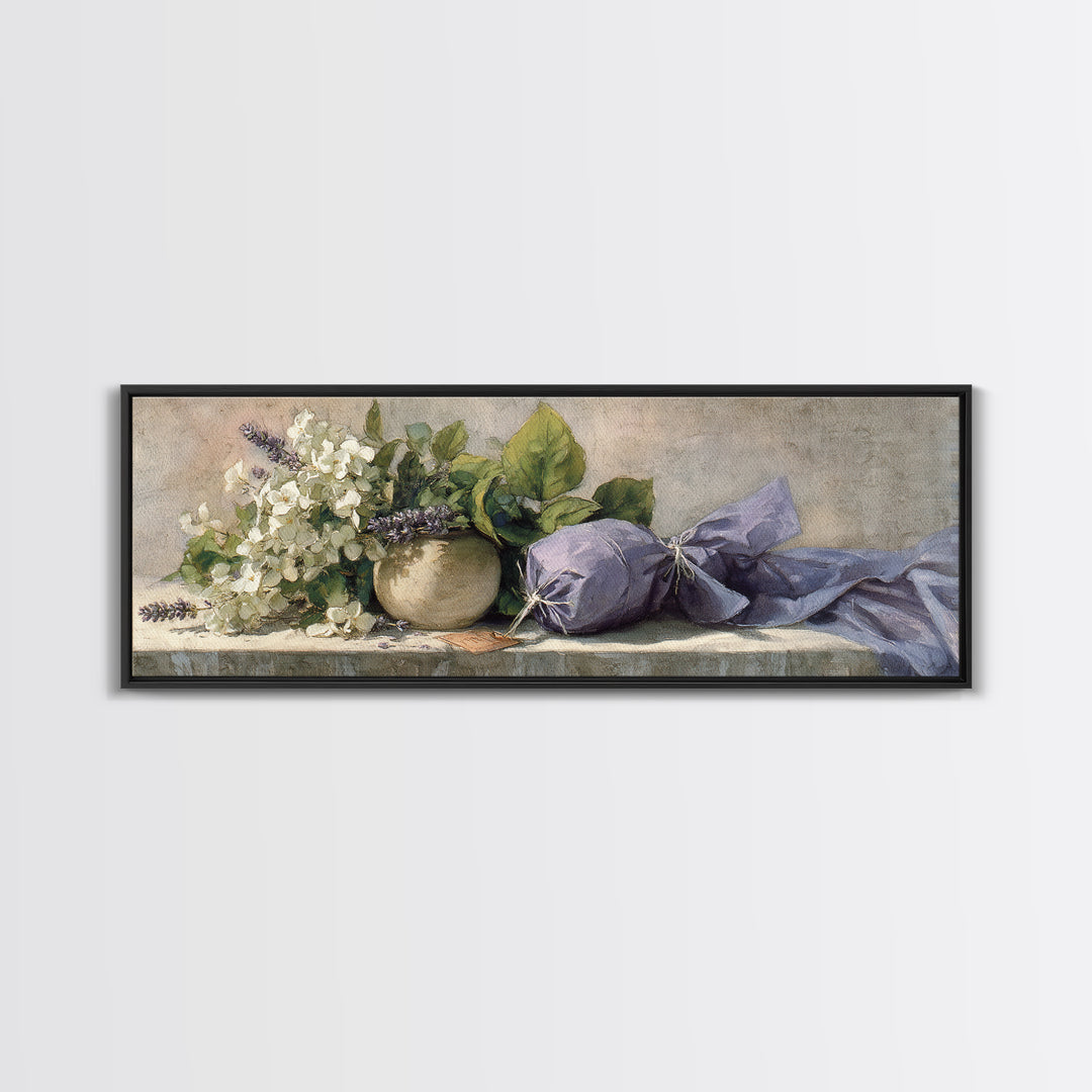Lavender Sachet and Ribbon Still Life Framed Canvas Print, Laundry Room Art, Farmhouse Wall Art, Living Room Decor, Clean, LRA-3x1-57