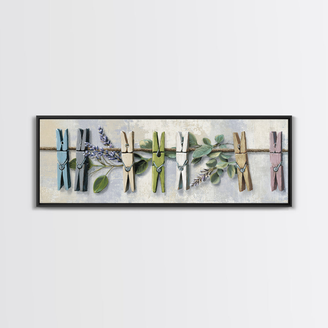 Clothespin Bouquet in Folk Art Style Framed Canvas Print, Laundry Room Art, Boho Decor, Living Room Decor, Fine Art, Clean, LRA-3x1-60