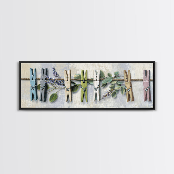 Clothespin Bouquet in Folk Art Style Framed Canvas Print, Laundry Room Art, Boho Decor, Living Room Decor, Fine Art, Clean, LRA-3x1-60