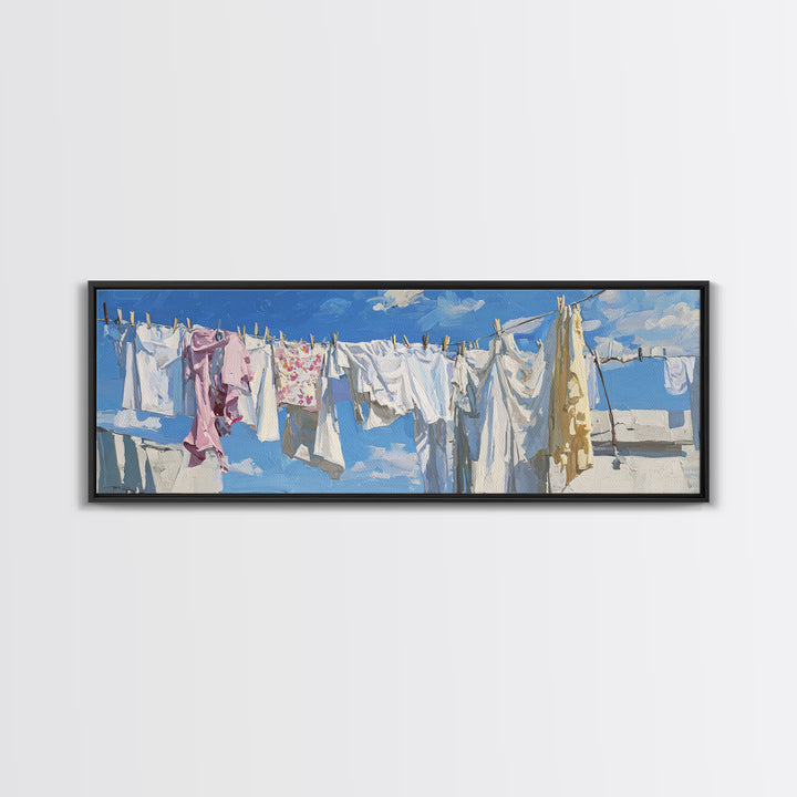 Clothesline with White Linens Blowing in Sunshine Canvas Print, Laundry Room Art, Downloadable Art, Living Room Decor, Clean, LRA-3x1-65
