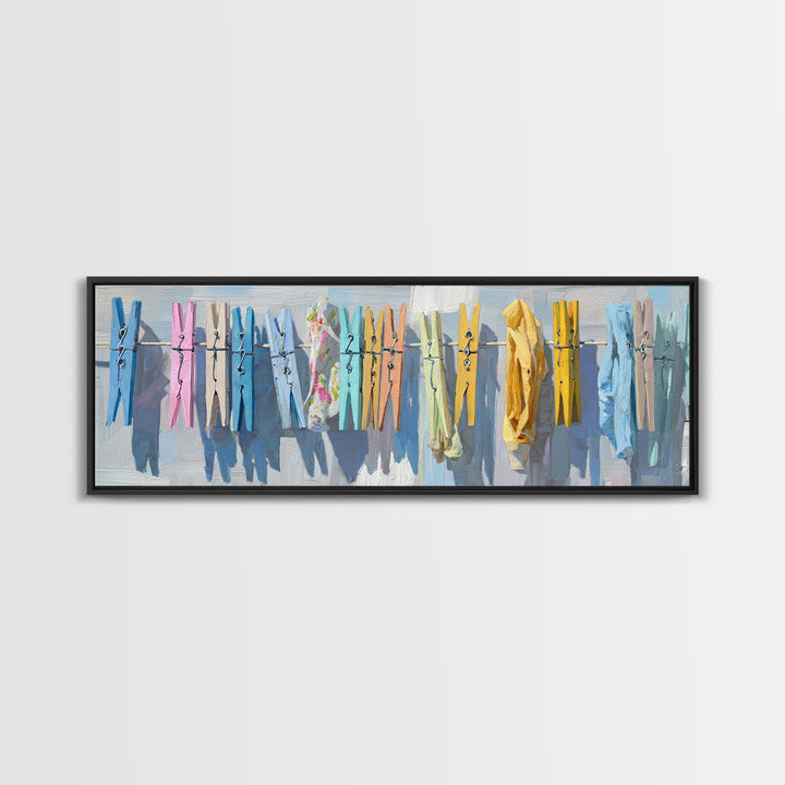 Cheerful Clothespins Arranged as Pattern Canvas Print, Laundry Room Art, Living Room Decor, Clean, Minimalist Wall Art, LRA-3x1-68