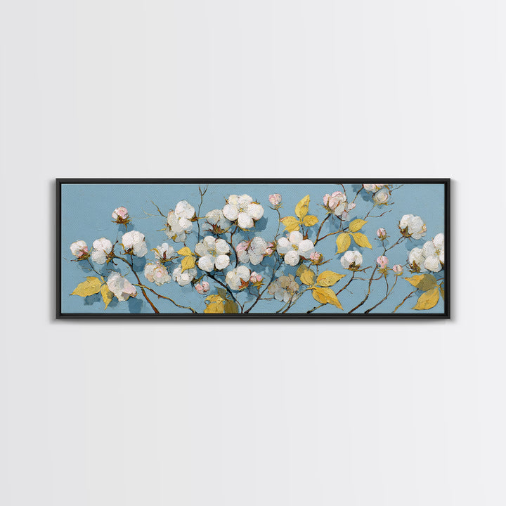 Fresh Cotton Branch Botanical Study Canvas Print, Laundry Room Art, New Home Gift, Living Room Decor, Oil Painting, Clean, LRA-3x1-71