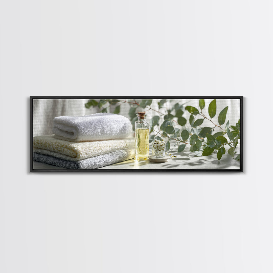 Sunlit White Towels and Eucalyptus Branch Canvas Print, Laundry Room Art, Printable Art, Living Room Decor, Watercolor Art, LRA-3x1-75