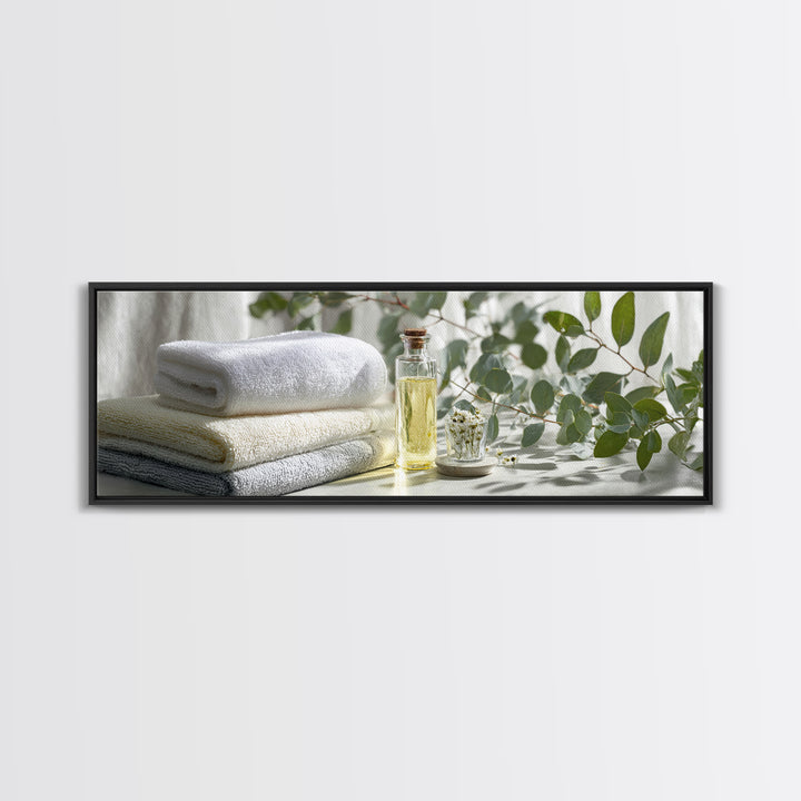 Sunlit White Towels and Eucalyptus Branch Canvas Print, Laundry Room Art, Printable Art, Living Room Decor, Watercolor Art, LRA-3x1-75