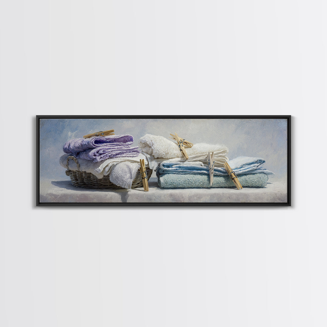 Basket of Folded Towels Canvas Print, Laundry Room Art, Painting, Living Room Decor, Fine Art, Clean, Wall Art Print, LRA-3x1-78