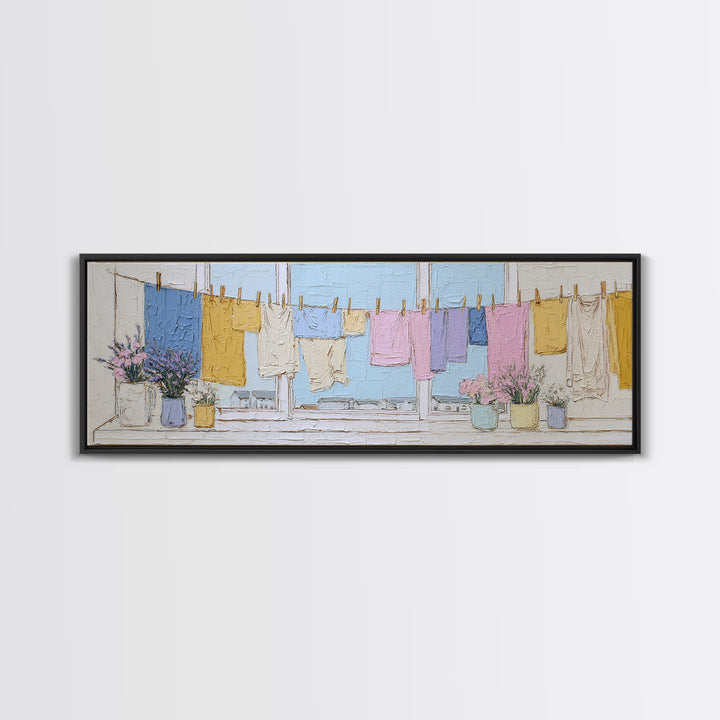 Simple Line Drawing of Hanging Laundry Canvas Print, Laundry Room Art, Downloadable Art, Living Room Decor, Abstract Art, Clean, LRA-3x1-8