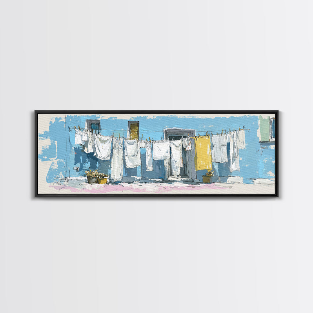 Simple Line Drawing of Hanging Laundry Canvas Print, Laundry Room Art, Painting, Living Room Decor, Abstract Art, Clean, LRA-3x1-80