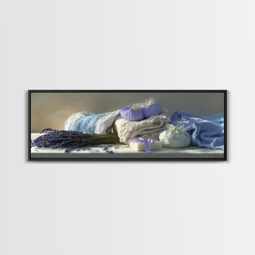 Lavender Sachet and Ribbon Still Life Framed Canvas Print, Laundry Room Art, Farmhouse Wall Art, Living Room Decor, Clean, LRA-3x1-81