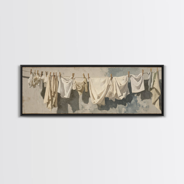 Clothesline with White Linens Blowing in Sunshine Canvas Print, Laundry Room Art, Digital Art Print, Living Room Decor, Clean, LRA-3x1-89