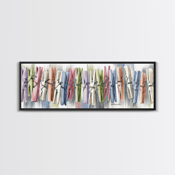 Cheerful Clothespins Arranged as Pattern Canvas Print, Laundry Room Art, Oil Painting, Living Room Decor, Clean, LRA-3x1-92
