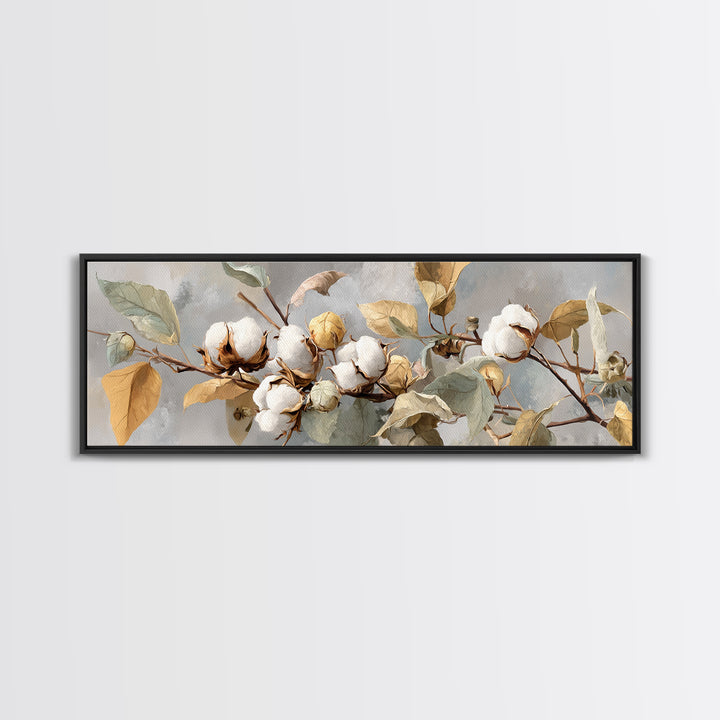 Fresh Cotton Branch Botanical Study Canvas Print, Laundry Room Art, Textured Painting, Living Room Decor, Fine Art, Clean, LRA-3x1-95