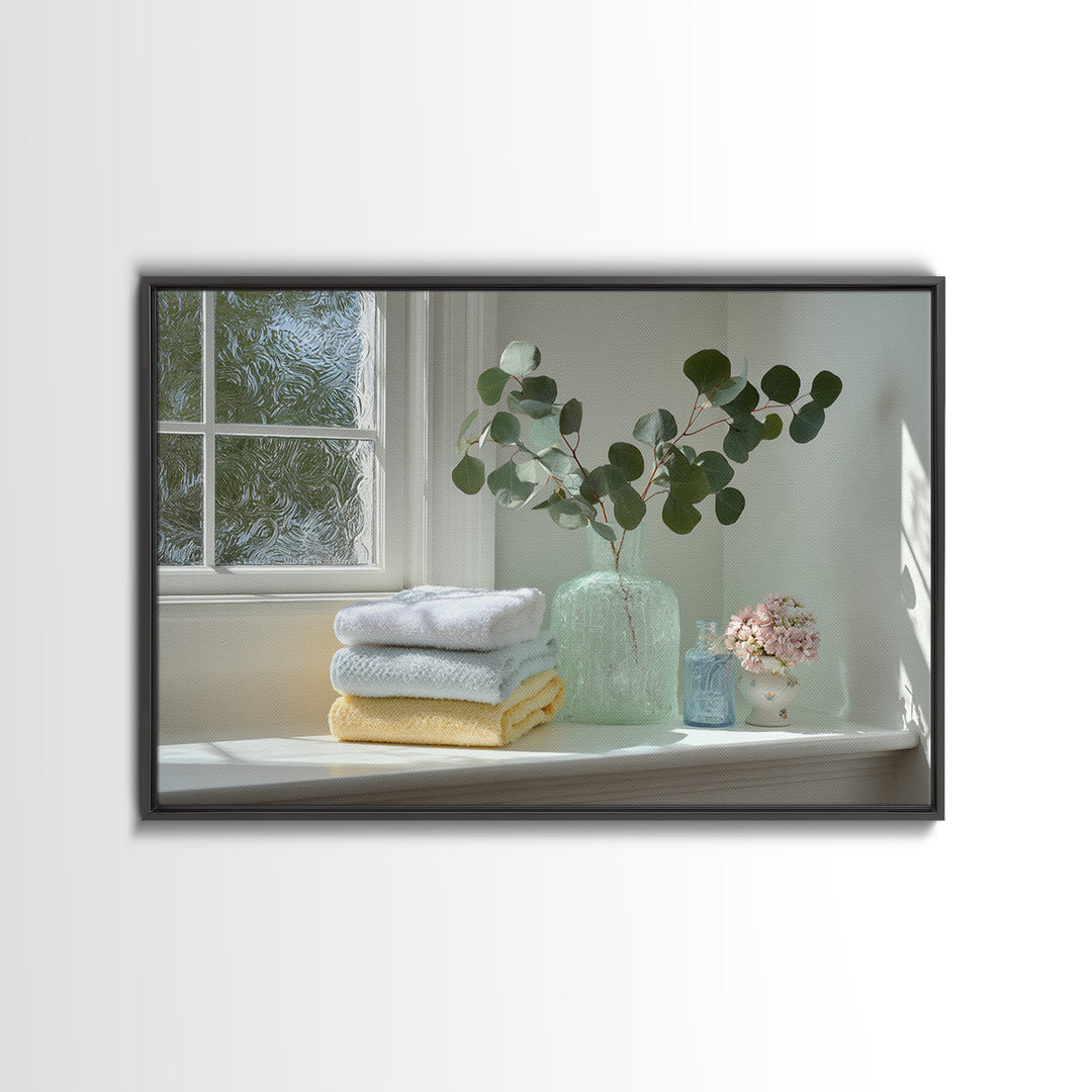 Sunlit White Towels and Eucalyptus Branch Framed Canvas Print, Laundry Room Art, New Home Gift, Living Room Decor, LRA-3x2-15