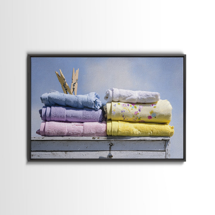 Basket of Folded Towels Framed Canvas Print, Laundry Room Art, Digital Print, Living Room Decor, Clean, Custom Wall Art, LRA-3x2-18