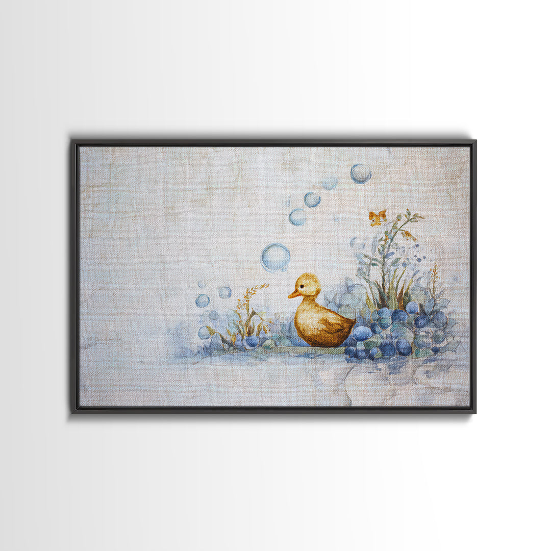 Duck and Bubbles Whimsical Watercolor Framed Canvas Print, Laundry Room Art, Downloadable Art, Living Room Decor, Clean, LRA-3x2-19
