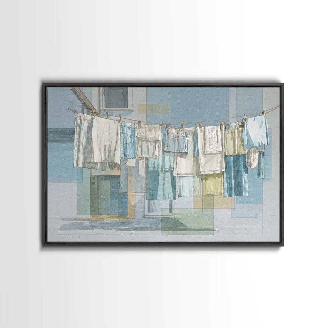 Simple Line Drawing of Hanging Laundry Framed Canvas Print, Laundry Room Art, Wall Art Print, Living Room Decor, Abstract Art, LRA-3x2-20