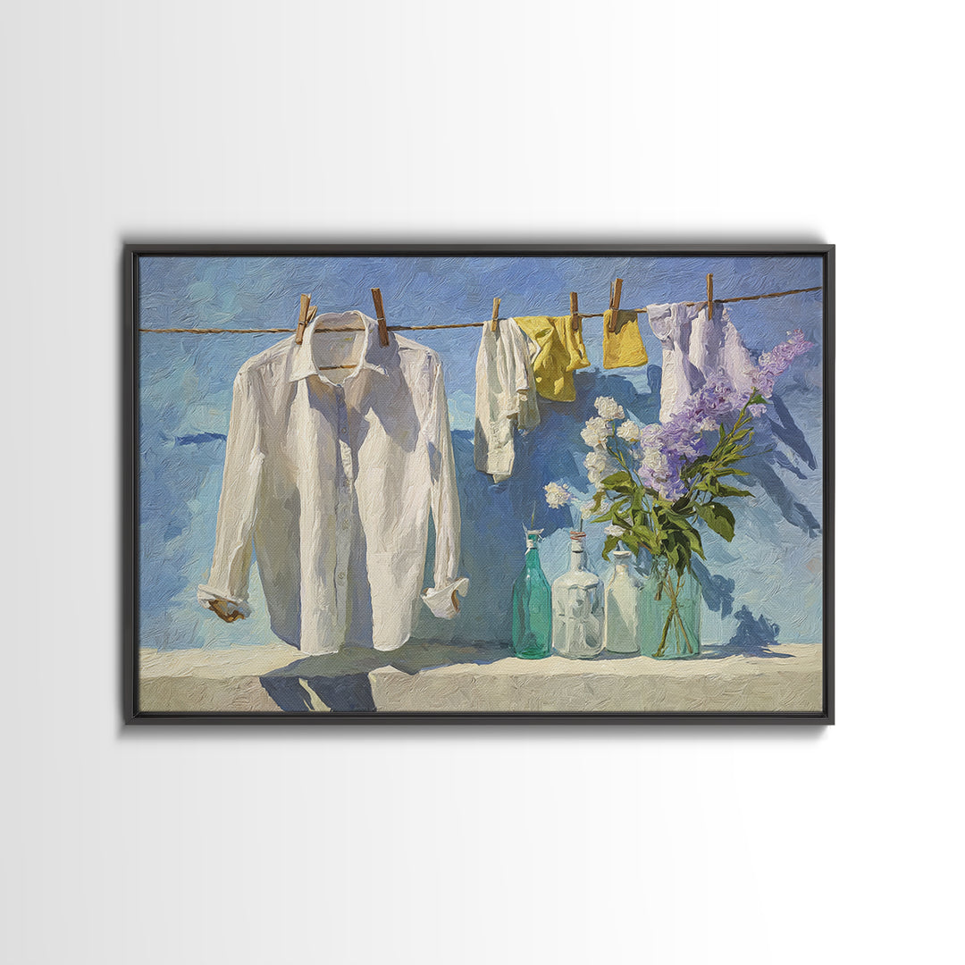 White Shirt on Hanger Framed Canvas Print, Laundry Room Art, Laundry Room Decor, Living Room Decor, Clean, Gallery Decor, LRA-3x2-25