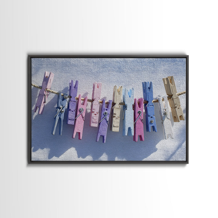 Cheerful Clothespins Arranged as Pattern Canvas Print, Laundry Room Art, Farmhouse Wall Decor, Living Room Decor, Clean, LRA-3x2-32