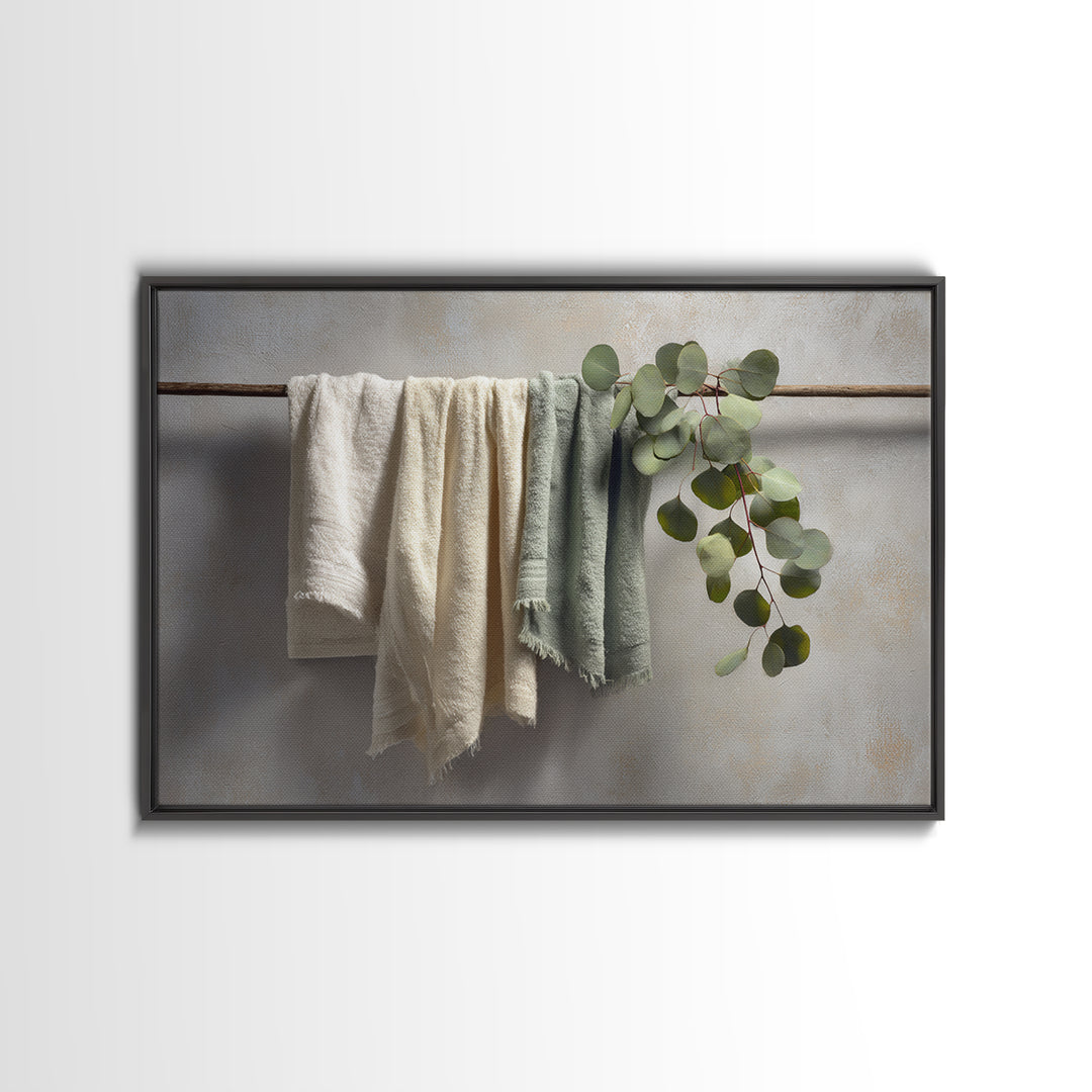 Sunlit White Towels and Eucalyptus Branch Framed Canvas Print, Laundry Room Art, Neutral Decor, Living Room Decor, LRA-3x2-39