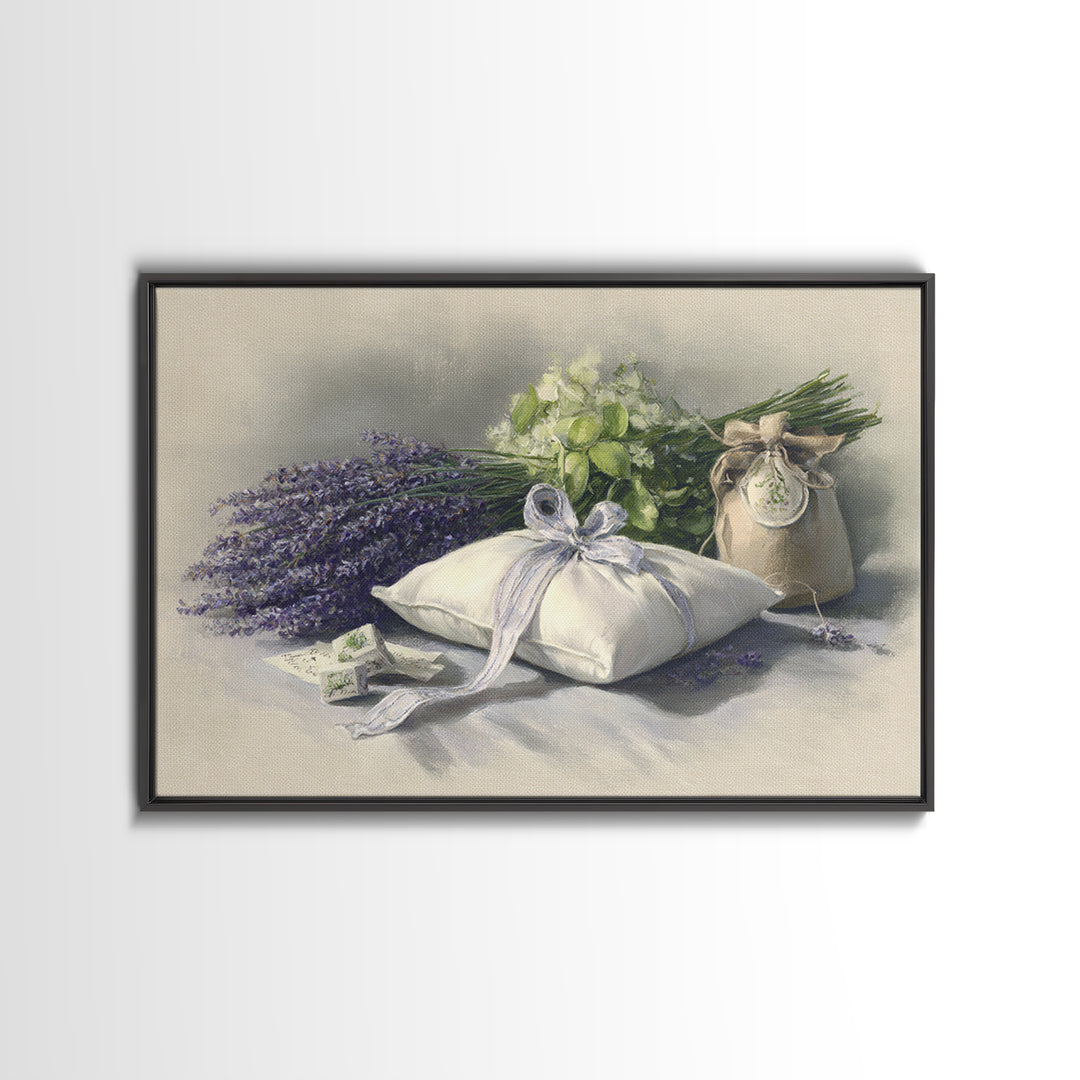 Lavender Sachet and Ribbon Still Life Framed Canvas Print, Laundry Room Art, Downloadable Art, Living Room Decor, Clean, LRA-3x2-45