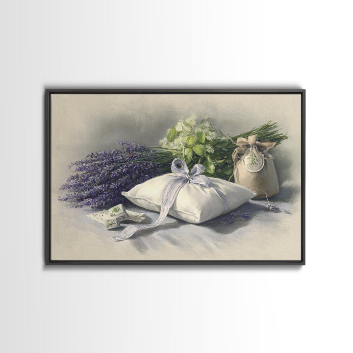 Lavender Sachet and Ribbon Still Life Framed Canvas Print, Laundry Room Art, Downloadable Art, Living Room Decor, Clean, LRA-3x2-45