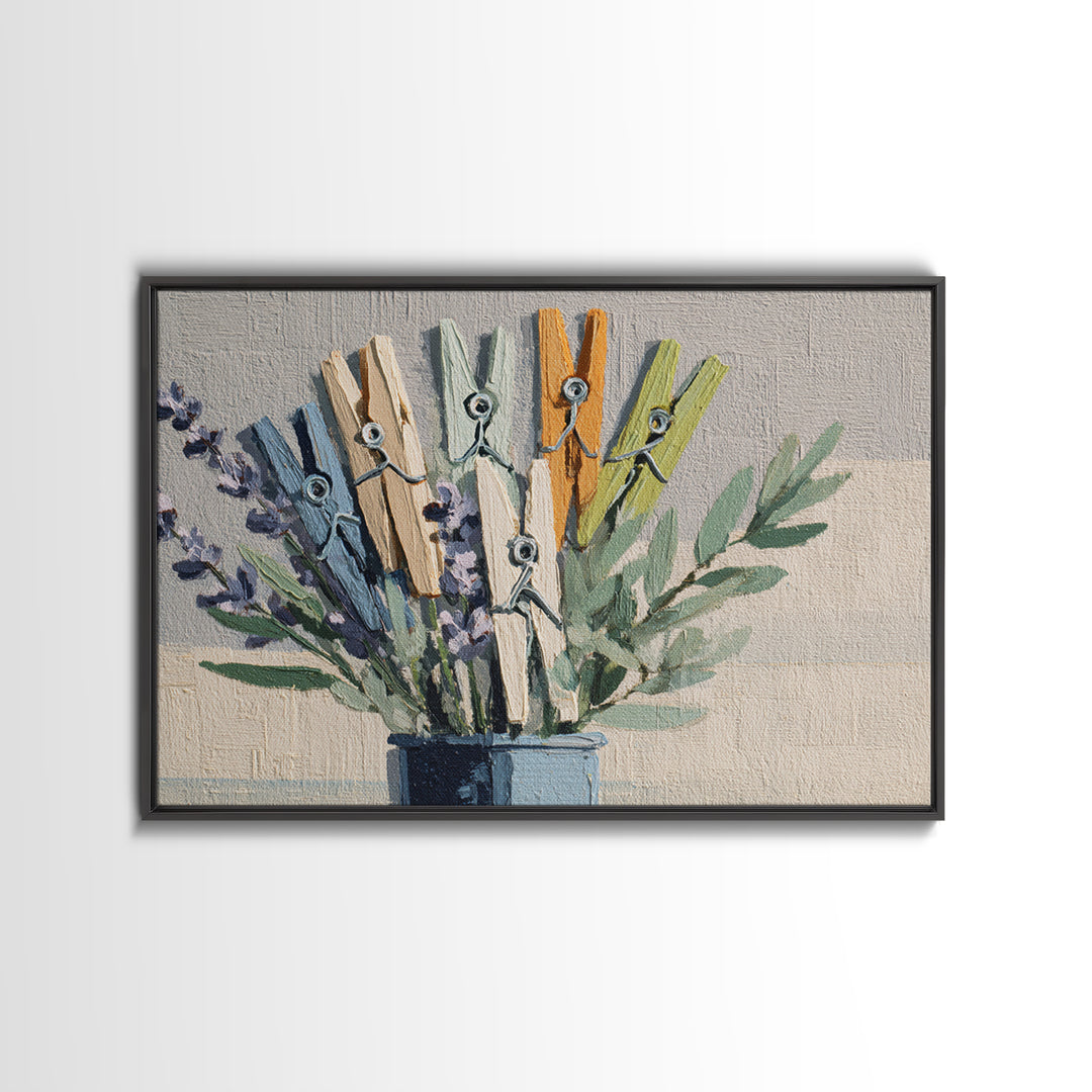 Clothespin Bouquet in Folk Art Style Canvas Print, Laundry Room Art, Farmhouse Wall Art, Living Room Decor, Fine Art, Clean, LRA-3x2-48