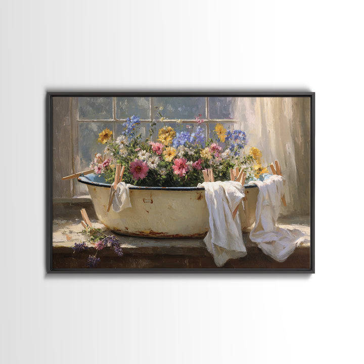 Old Enamel Basin Filled Canvas Print, Laundry Room Art, Boho Decor, Living Room Decor, Fine Art, Clean, Printable Wall Art, LRA-3x2-84