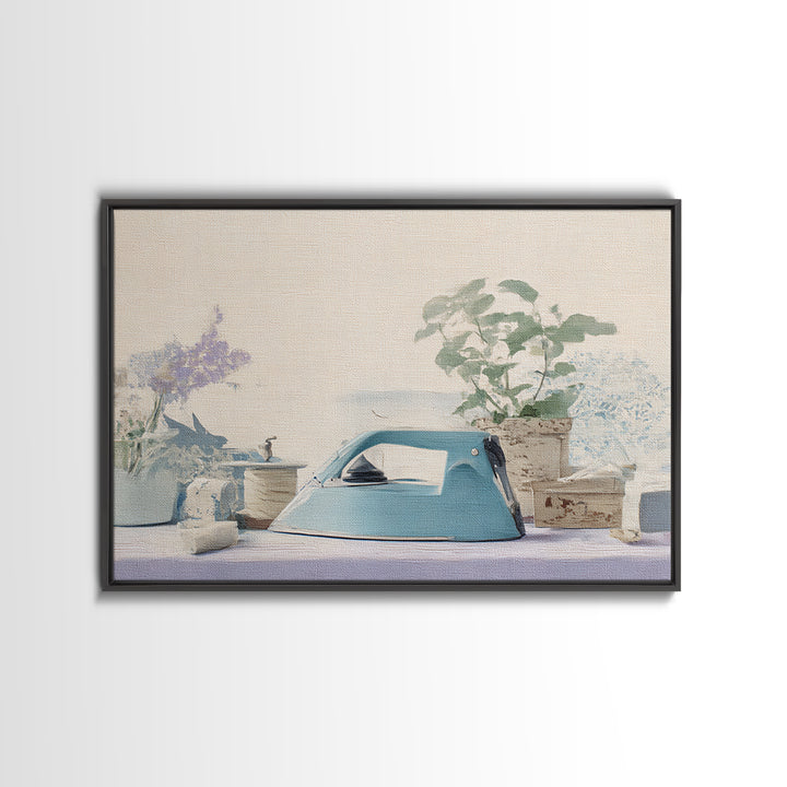 Retro Iron Illustration Framed Canvas Print, Laundry Room Art, Rustic Home Decor, Living Room Decor, Fine Art, Clean, LRA-3x2-85