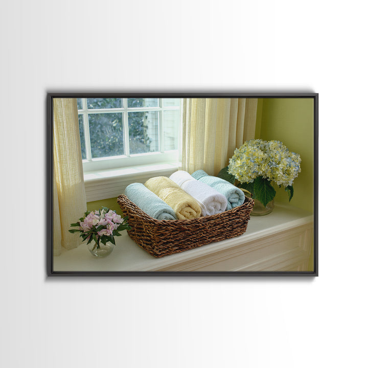 Basket of Folded Towels Framed Canvas Print, Laundry Room Art, Minimalist Wall Art, Living Room Decor, Fine Art, Clean, LRA-3x2-90