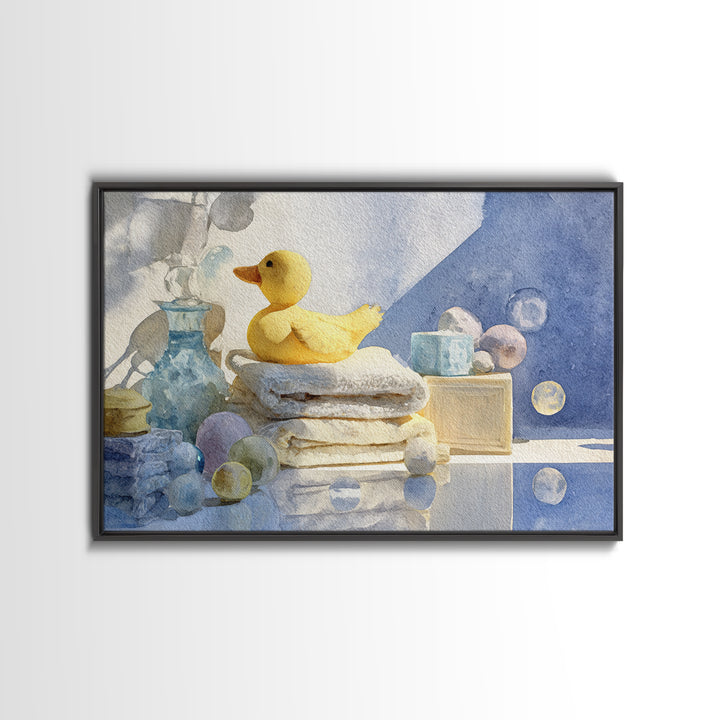 Duck and Bubbles Whimsical Watercolor Framed Canvas Print, Laundry Room Art, Painting, Living Room Decor, Oil Painting, Clean, LRA-3x2-91