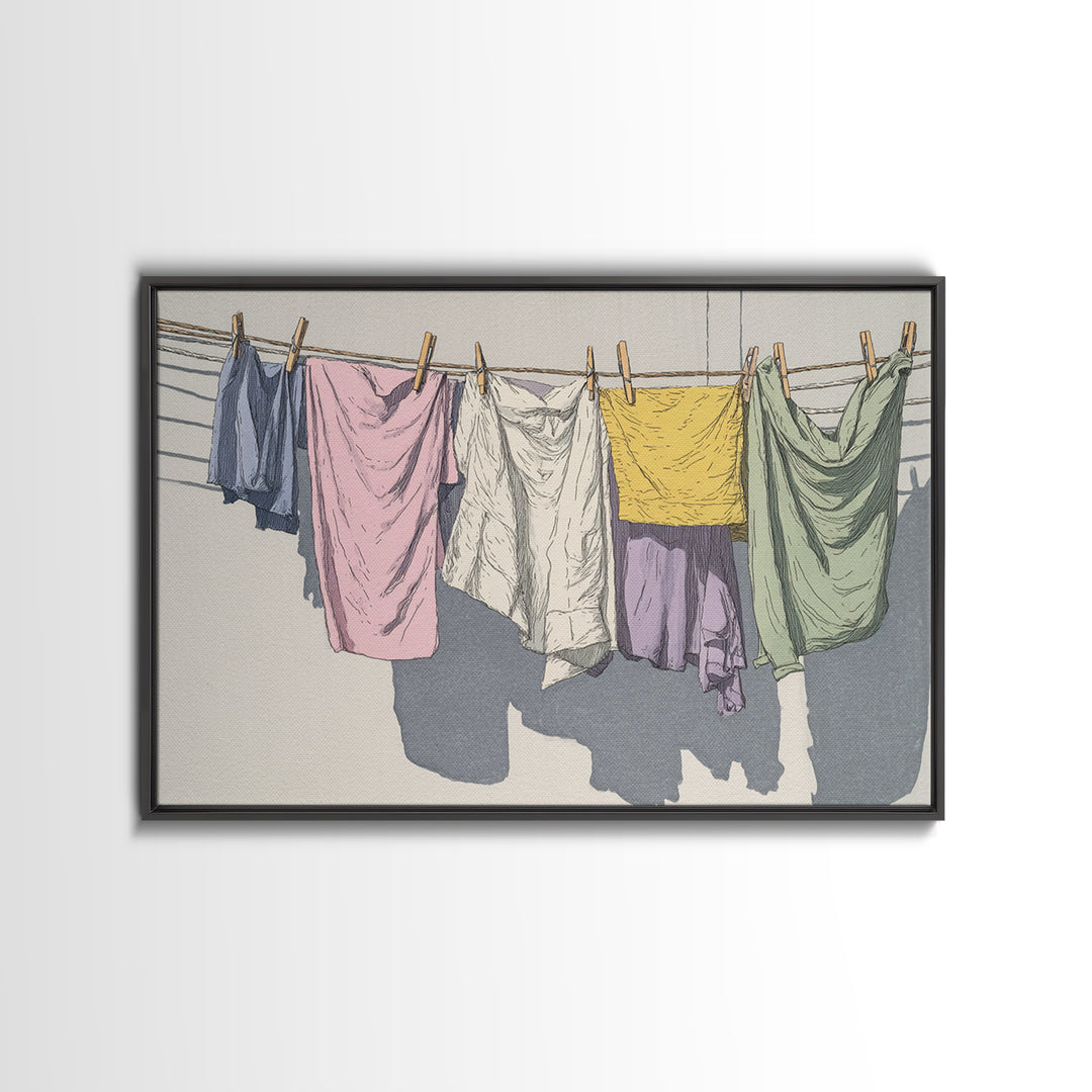 Simple Line Drawing of Hanging Laundry Framed Canvas Print, Laundry Room Art, Luxury Decor, Living Room Decor, Abstract Art, LRA-3x2-92