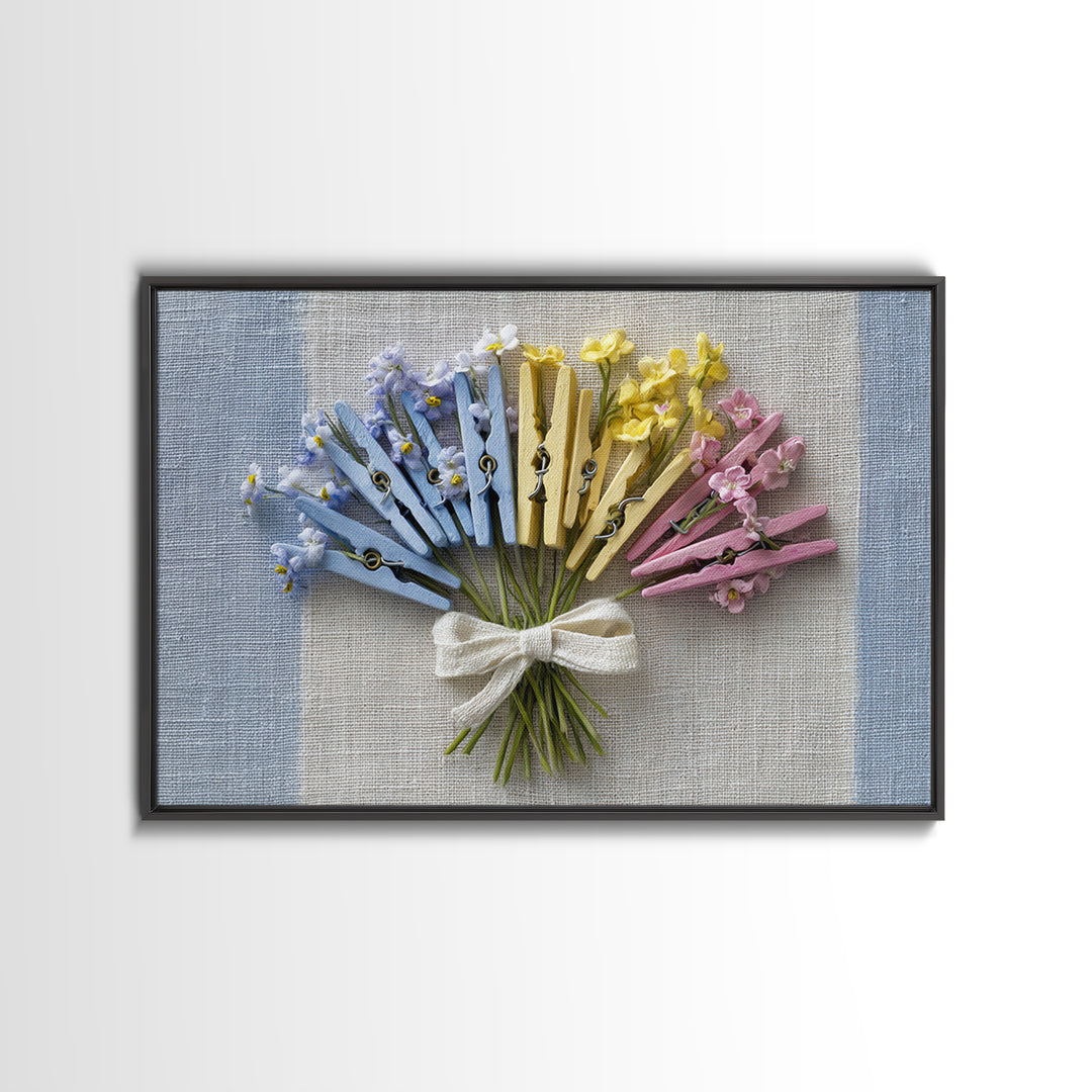Clothespin Bouquet in Folk Art Style Framed Canvas Print, Laundry Room Art, Art Print, Living Room Decor, Fine Art, Clean, LRA-3x2-96