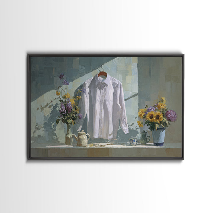 White Shirt on Hanger Framed Canvas Print, Laundry Room Art, Funny Poster, Living Room Decor, Watercolor Art, Clean, LRA-3x2-97