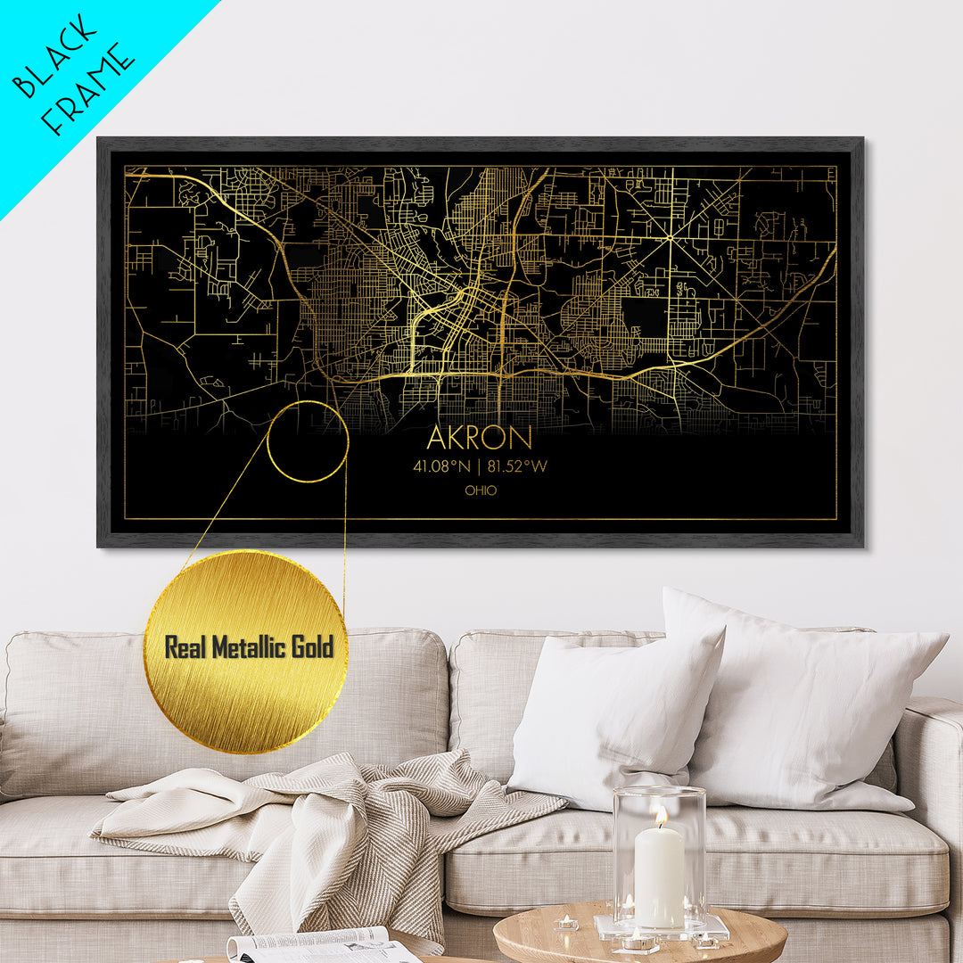Akron Ohio City street map, Metallic Gold Print, Metal Art, wood framed map, black and gold, Street Map Art, Modern Wall Art, Housewarming Gift