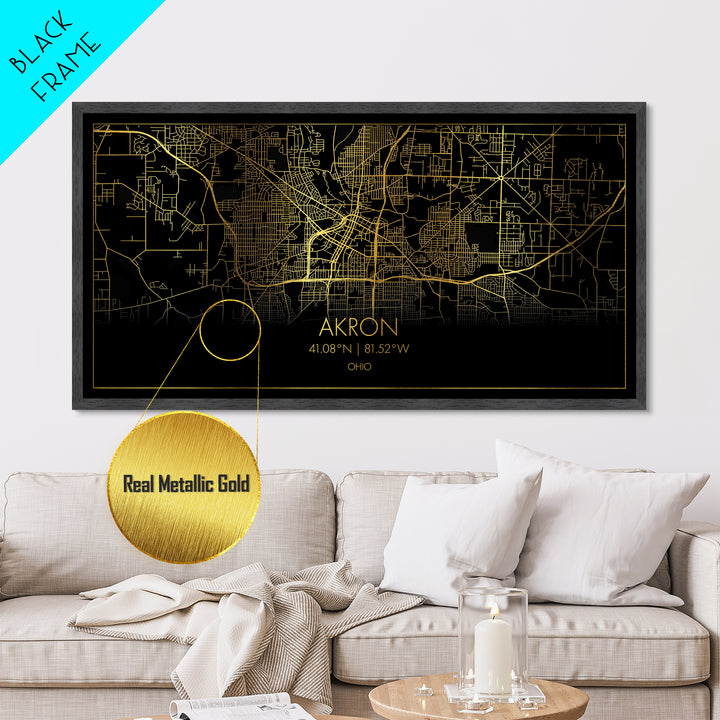 Akron Ohio City street map, Metallic Gold Print, Metal Art, wood framed map, black and gold, Street Map Art, Modern Wall Art, Housewarming Gift