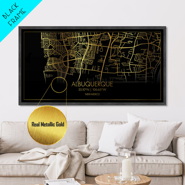 Albuquerque New Mexico City Poster, Metallic Gold Art, Metal Art, real wood frames, black and gold, Street Map Wall Art, Gold Street Map Art