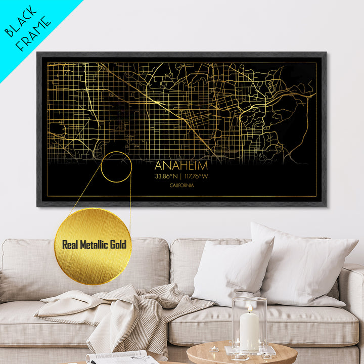 Anaheim California City Poster, Metallic Gold Art, Metal Art, real wood frames, black and gold, Map Print Poster, Street Map Art, Housewarming Gift