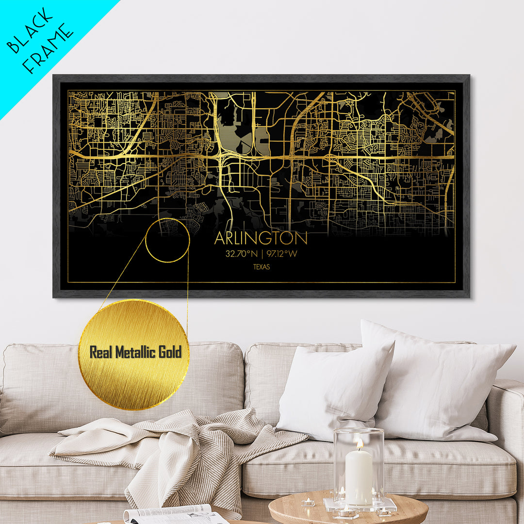 Arlington Texas City Poster, Metallic Gold Art, Metal Art, real wood frames, black and gold, Street Map Art, College Dorm Décor, Wall Art, Map Art