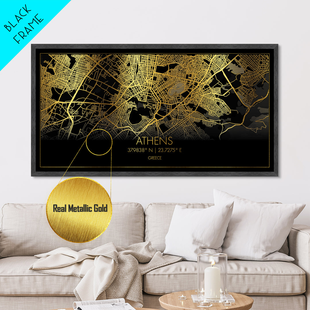 Athens Greece City street map, Metallic Gold Print, Metal Art, wood framed map, black and gold, Street Map Art, Housewarming Gift, Travel Poster