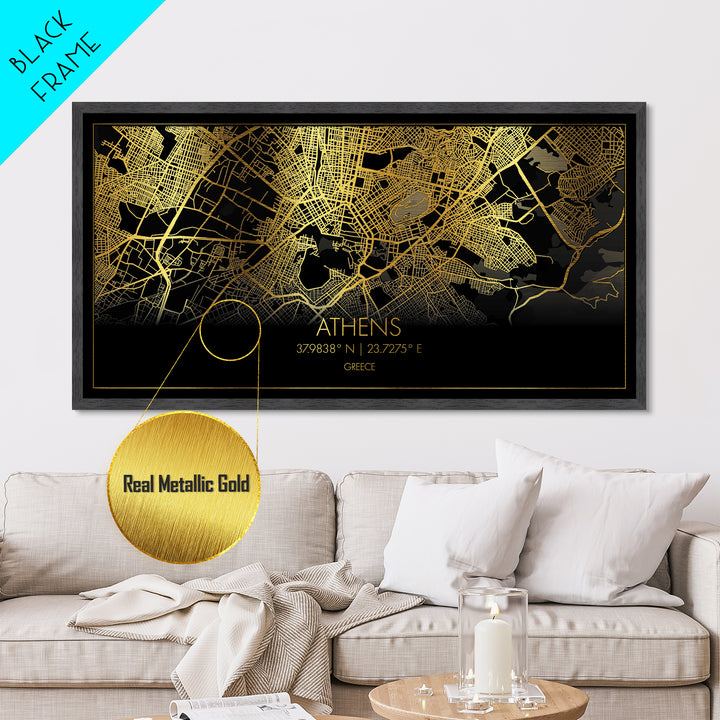 Athens Greece City street map, Metallic Gold Print, Metal Art, wood framed map, black and gold, Street Map Art, Housewarming Gift, Travel Poster