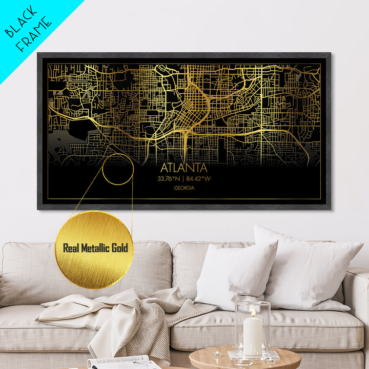 Atlanta Georgia City Poster, Metallic Gold Art, Metal Art, real wood frames, black and gold, Street Map Wall Art, Office Decor, Real Wood Frames