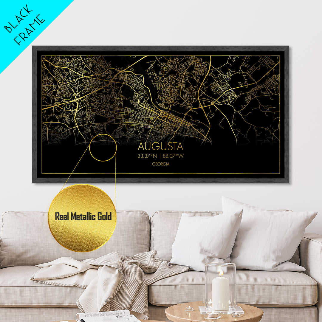 Augusta Georgia City street map, Metallic Gold Print, Metal Art, wood framed map, black and gold, Street Map Art, Gold Street Map Art, Travel Poster