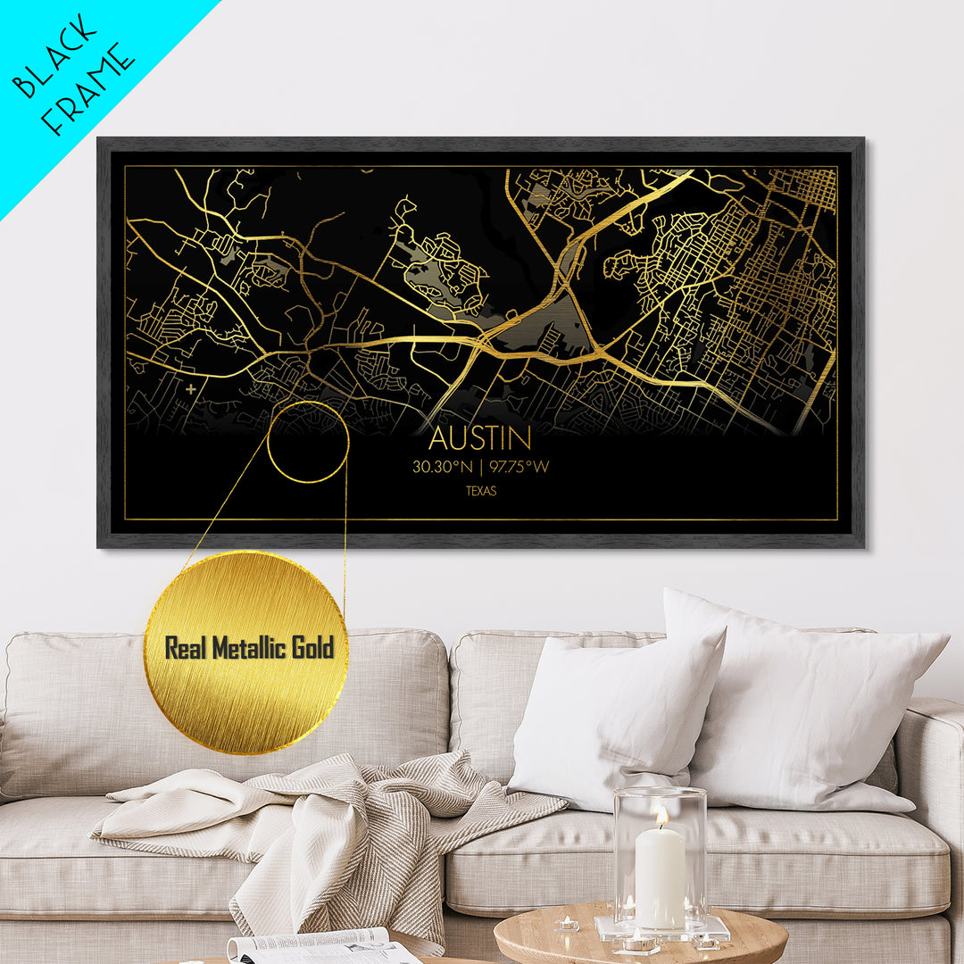 Austin Texas City Poster, Metallic Gold Art, Metal Art, real wood frames, black and gold, Map Art, Real Wood Frames, Travel Poster, Street Map Art
