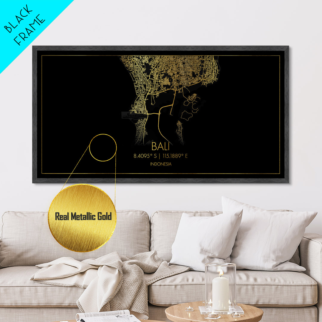 Bali Indonesia City Poster, Metallic Gold Art, Metal Art, real wood frames, black and gold, Travel Poster, Street Map Art, Gold Street Map Art