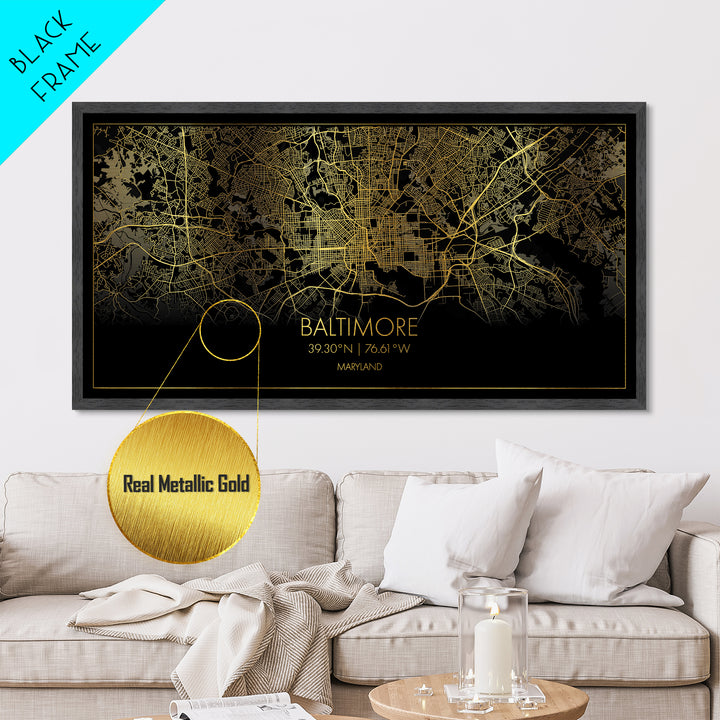 Baltimore Maryland City street map, Metallic Gold Print, Metal Art, wood framed map, black and gold, Street Map Art, Office Decor, Real Wood Frames