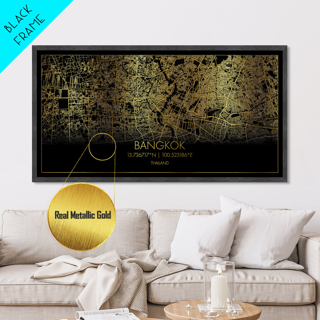 Bangkok Thailand City Poster, Metallic Gold Art, Metal Art, real wood frames, black and gold, Street Map Wall Art, Travel Poster, College Dorm Décor